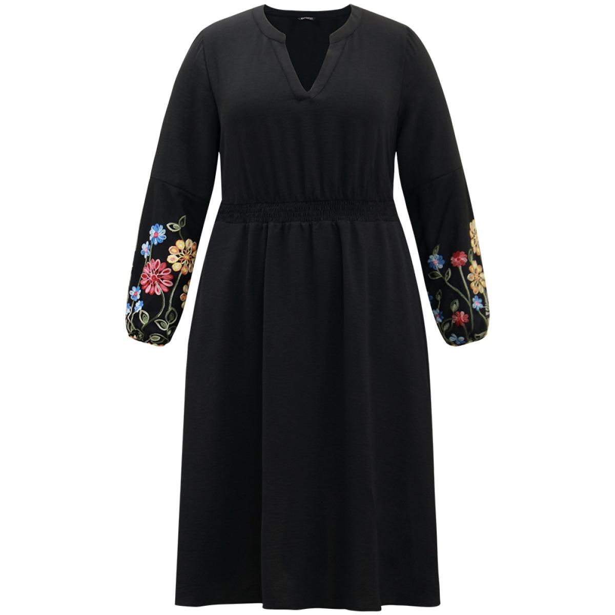 Plus Size Floral Embroidered Notched Midi Dress Black Women Elegant Elastic cuffs Notched collar Long Sleeve Curvy Midi Dress BloomChic 28/5X Product Image