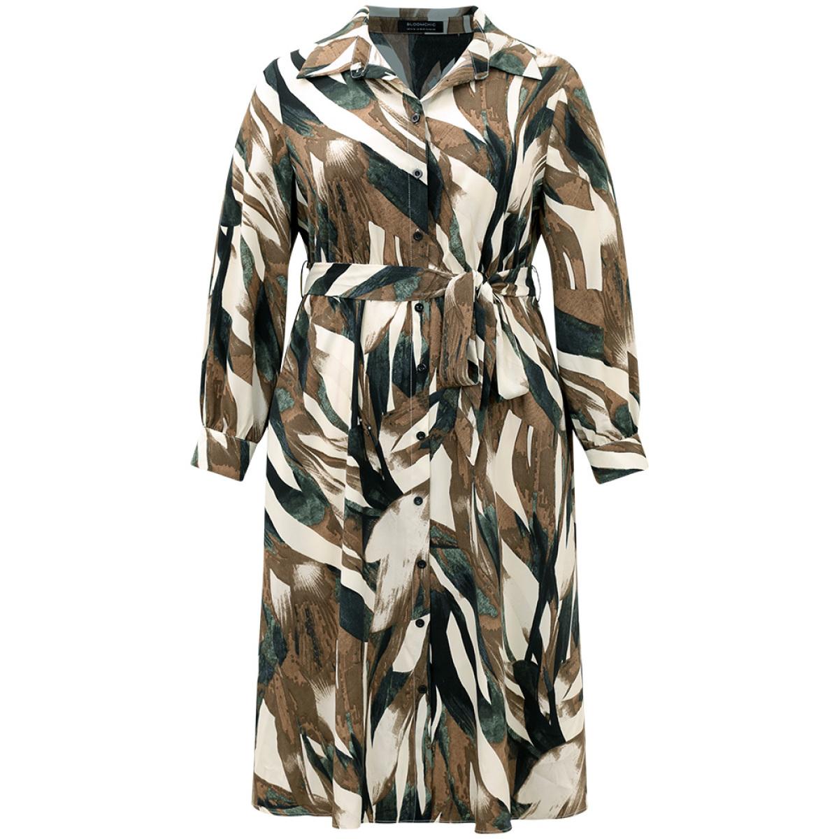 Plus Size Colorblock Contrast Belted Button Through Dress Multicolor Women At the Office Belted Shirt collar Long Sleeve Curvy Midi Dress BloomChic 18-20/2X Product Image