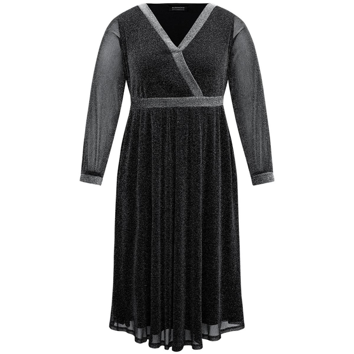 Plus Size Lurex Patchwork Mesh Elastic Waist Dress Black Women Glamour See through V-neck Long Sleeve Curvy Midi Dress BloomChic 30/6X Product Image