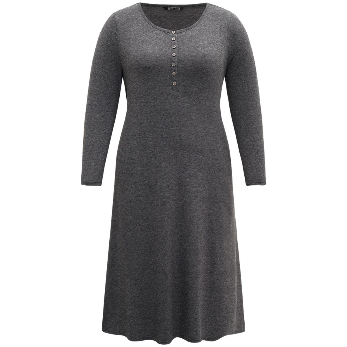 Plus Size Supersoft Solid Button Up Pocket Dress DimGray Women Timeless Non Round Neck Long Sleeve Curvy Midi Dress BloomChic 30/6X Product Image