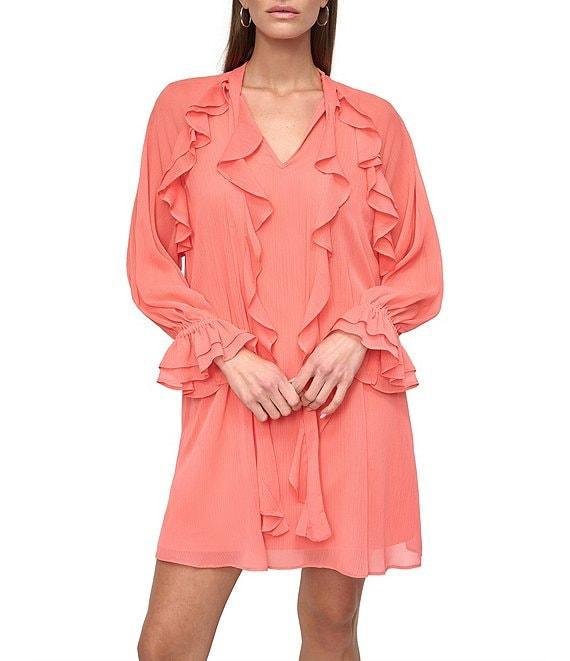 DKNY by Donna Karan Woven V Neck Long Sleeve Ruffle Shift Mini Dress Product Image