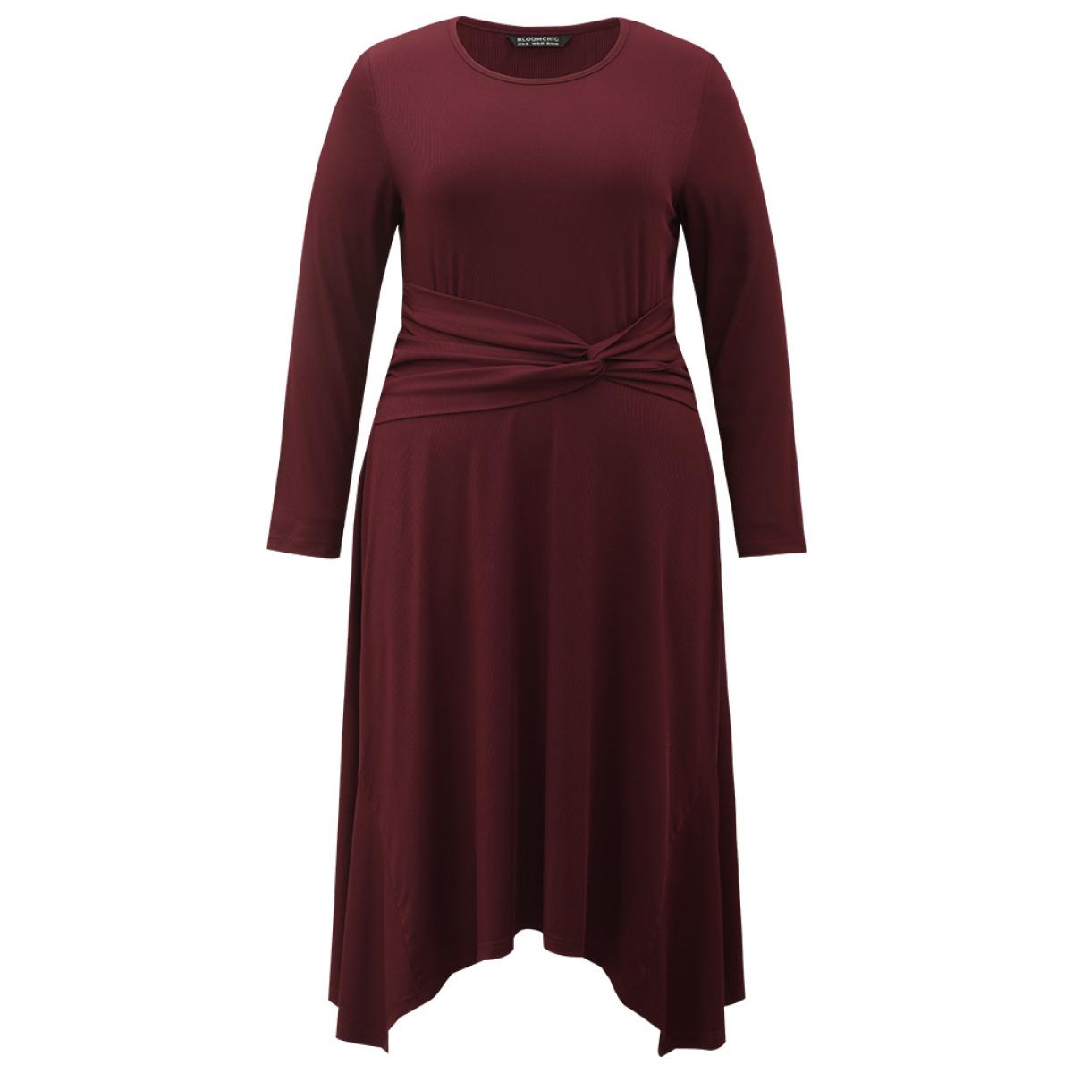 Plus Size Solid Rib Knit Crew Neck Twist Front Dress Burgundy Women Casual Plain Round Neck Long Sleeve Curvy Midi Dress BloomChic 22-24/3X Product Image