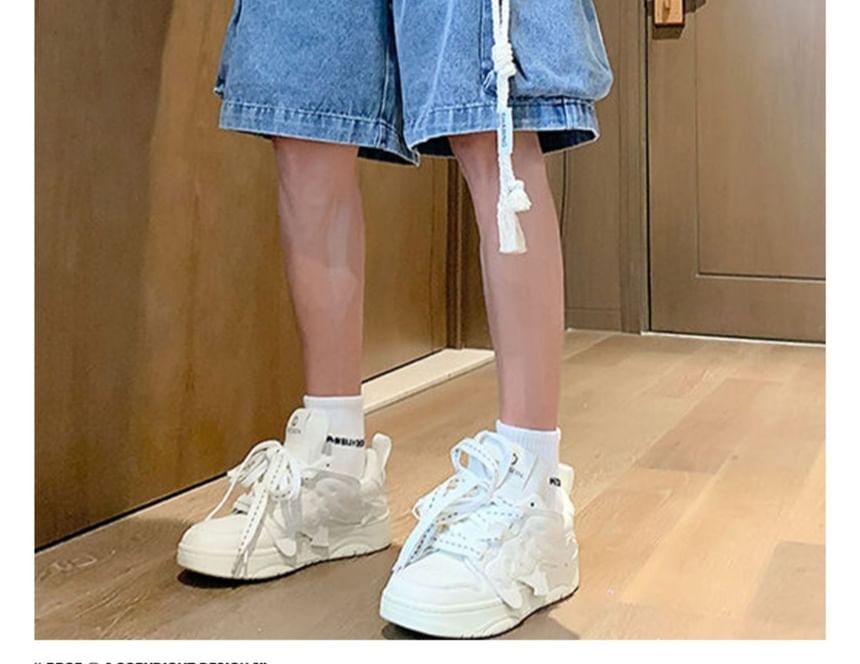 Drawstring Waist Washed Denim Wide Leg Cargo Shorts Product Image