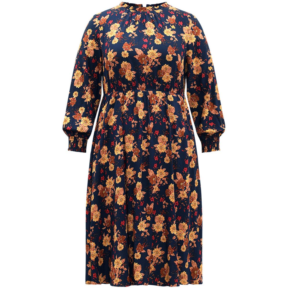 Plus Size Supersoft Essentials Floral Print Mock Neck Dress DarkBlue Women Elegant Printed Mock Neck Long Sleeve Curvy Midi Dress BloomChic 30/6X Product Image