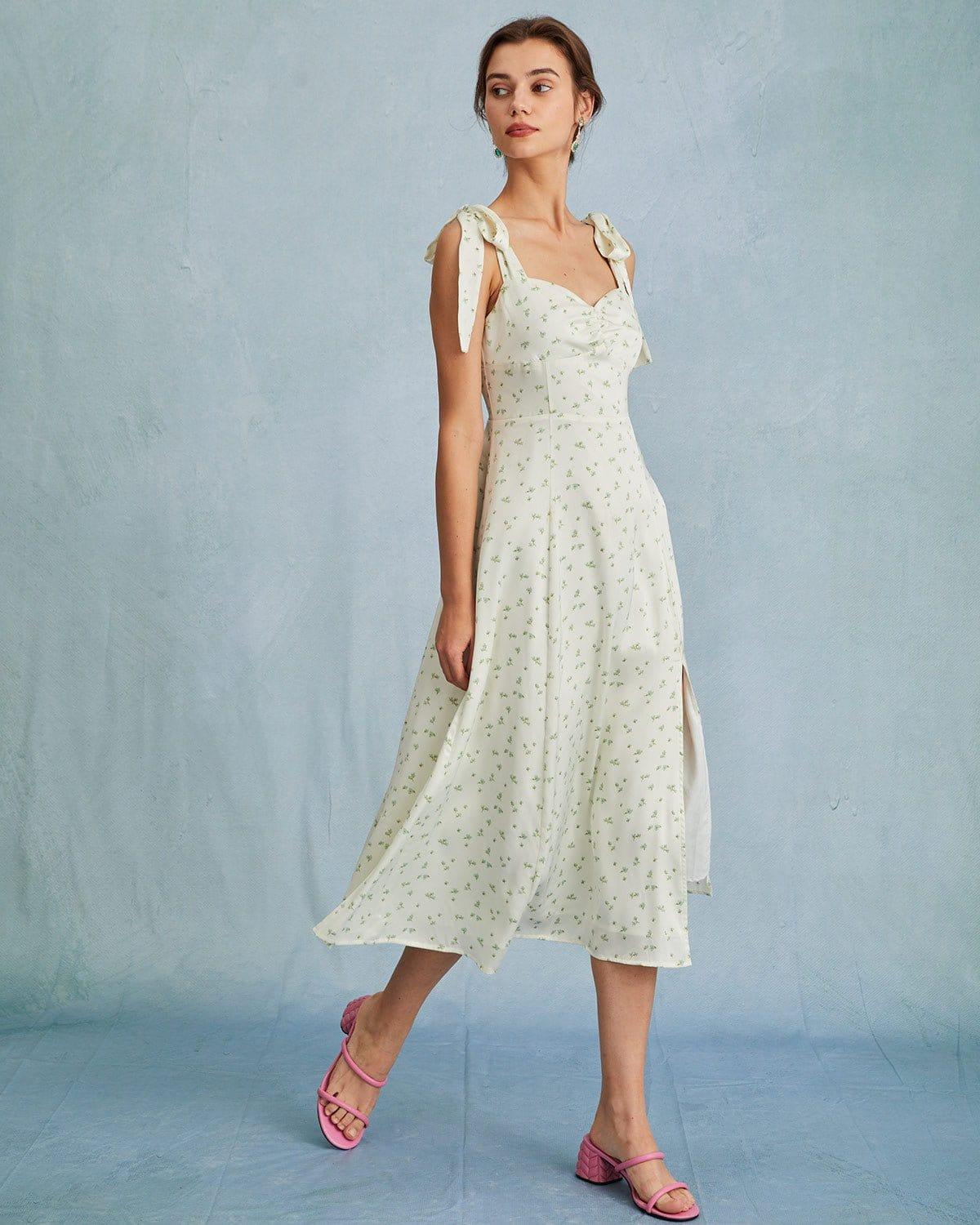 The Light Green Satin Floral Tie Strap Slit Midi Dress Product Image