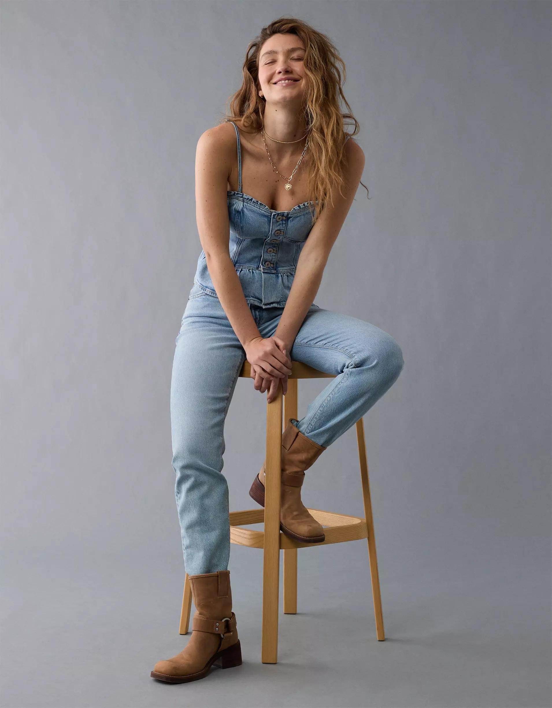 AE Denim Strapless Peplum Shirt Product Image