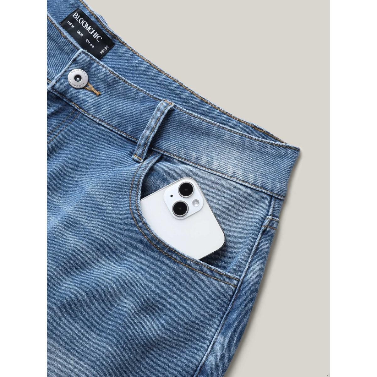 Plus Size Whiskered Wash Wide-Leg Denim Shorts Women Denimlightblue No stretch Casual Slanted pocket Leisure Denim Shorts BloomChic 22/3X Product Image