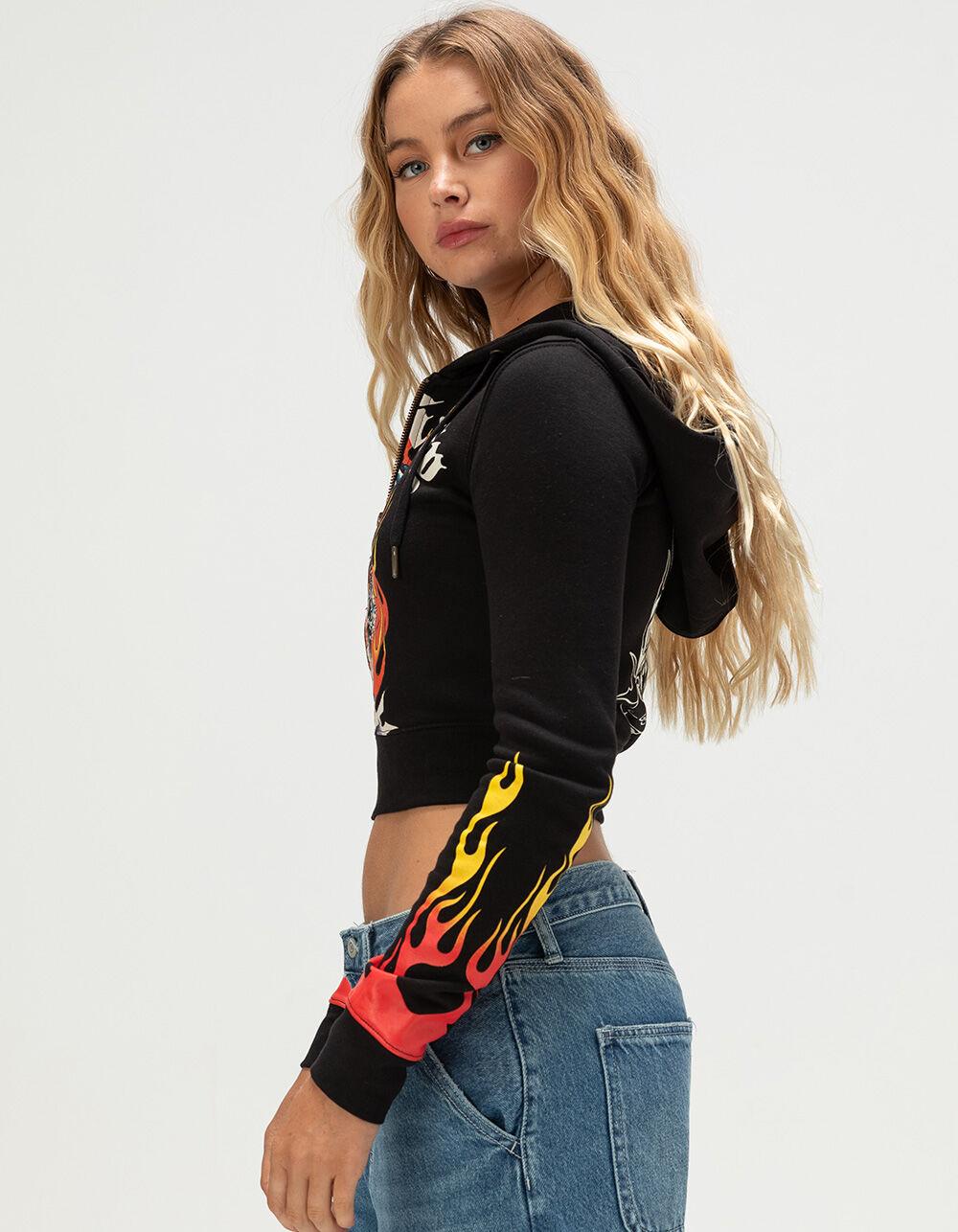 ED HARDY Tiger Flame Womens Crop Zip-Up Hoodie - BLACK Product Image