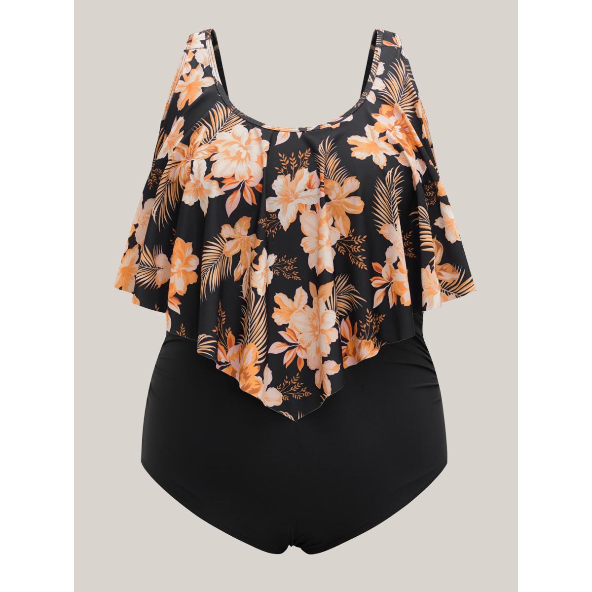 Plus Size Tropical Floral Flared One-Piece Swimsuit Women's Swimwear Black Resort Gathered Curve Bathing Suits High stretch One Pieces BloomChic 22-24/3X Product Image