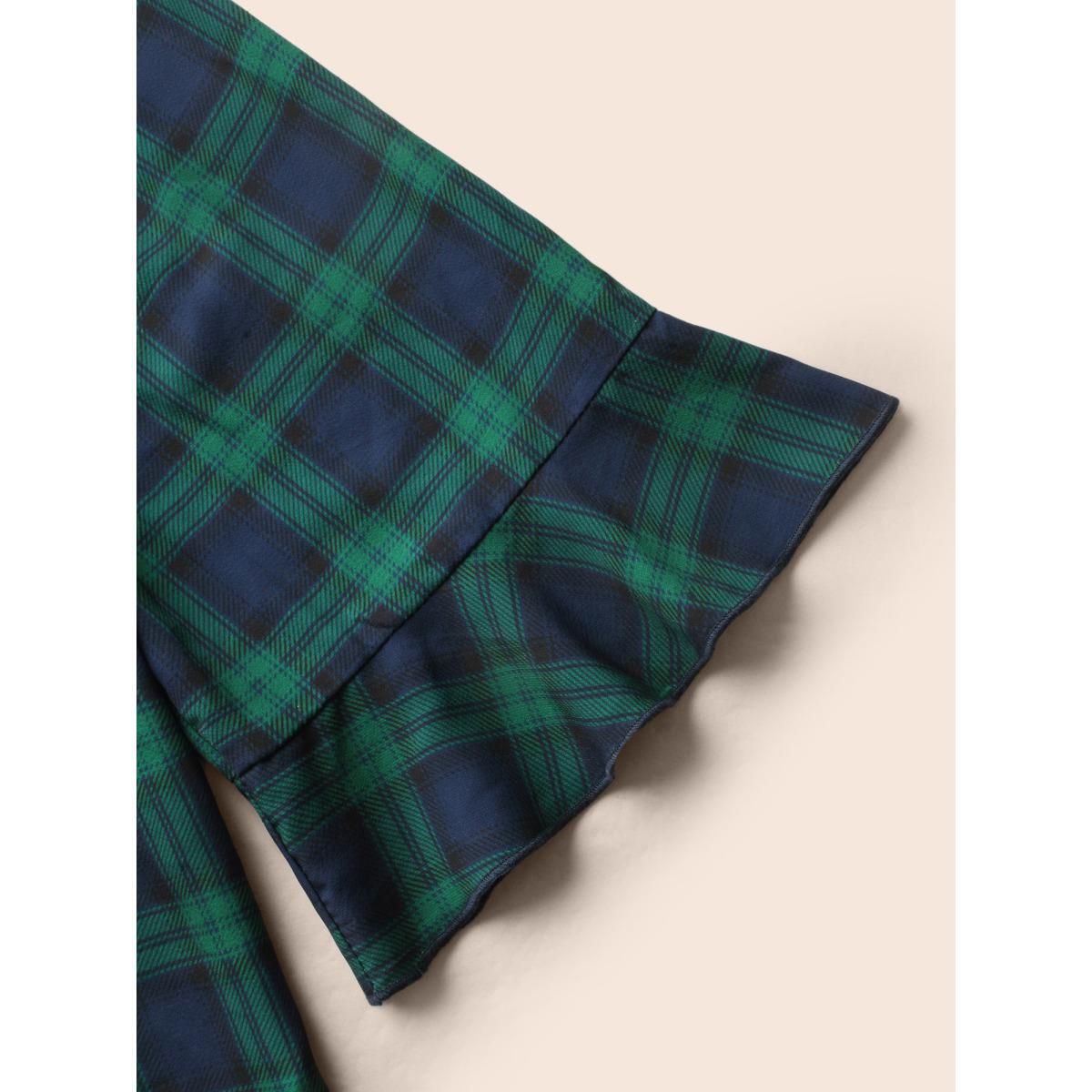 Plus Size Indigo Notched Plaid Ruffles Pleated Blouse Women Casual Elbow-length sleeve Flat collar with V-notch Everyday Blouses BloomChic 12/L Product Image