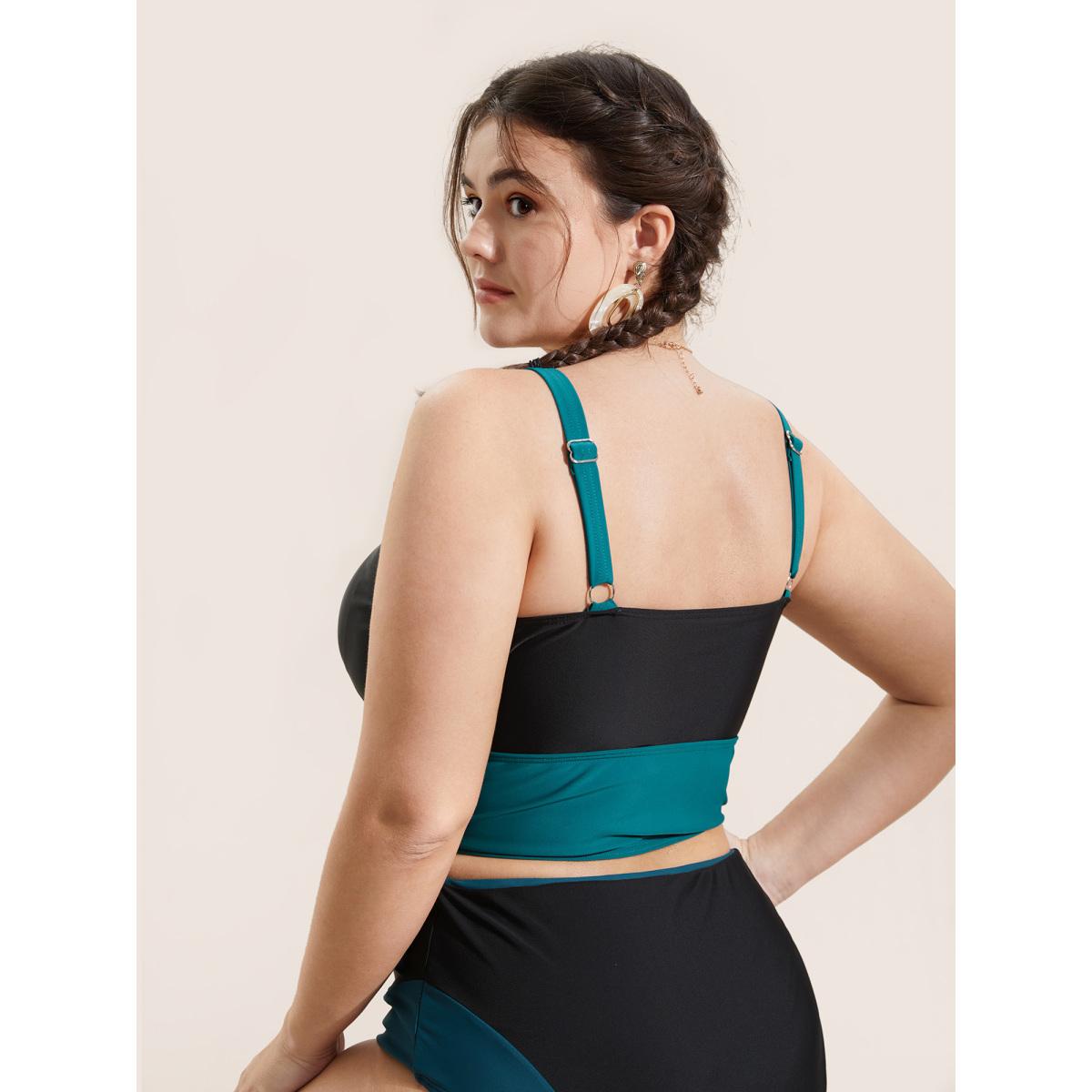Plus Size Two Tone Gathered Adjustable Straps Swim Top Women's Swimwear Cyan Beach Contrast High stretch Skinny V-neck Curve Swim Tops BloomChic 30/6X Product Image