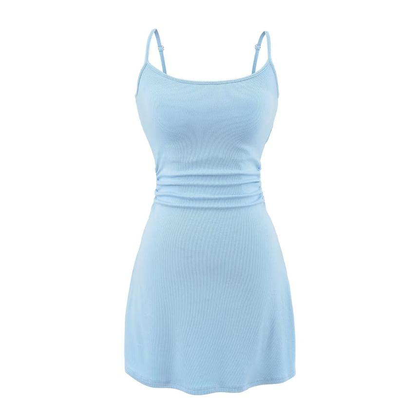 Spaghetti Strap Scoop Neck Plain Ruched Mini A-Line Dress Product Image