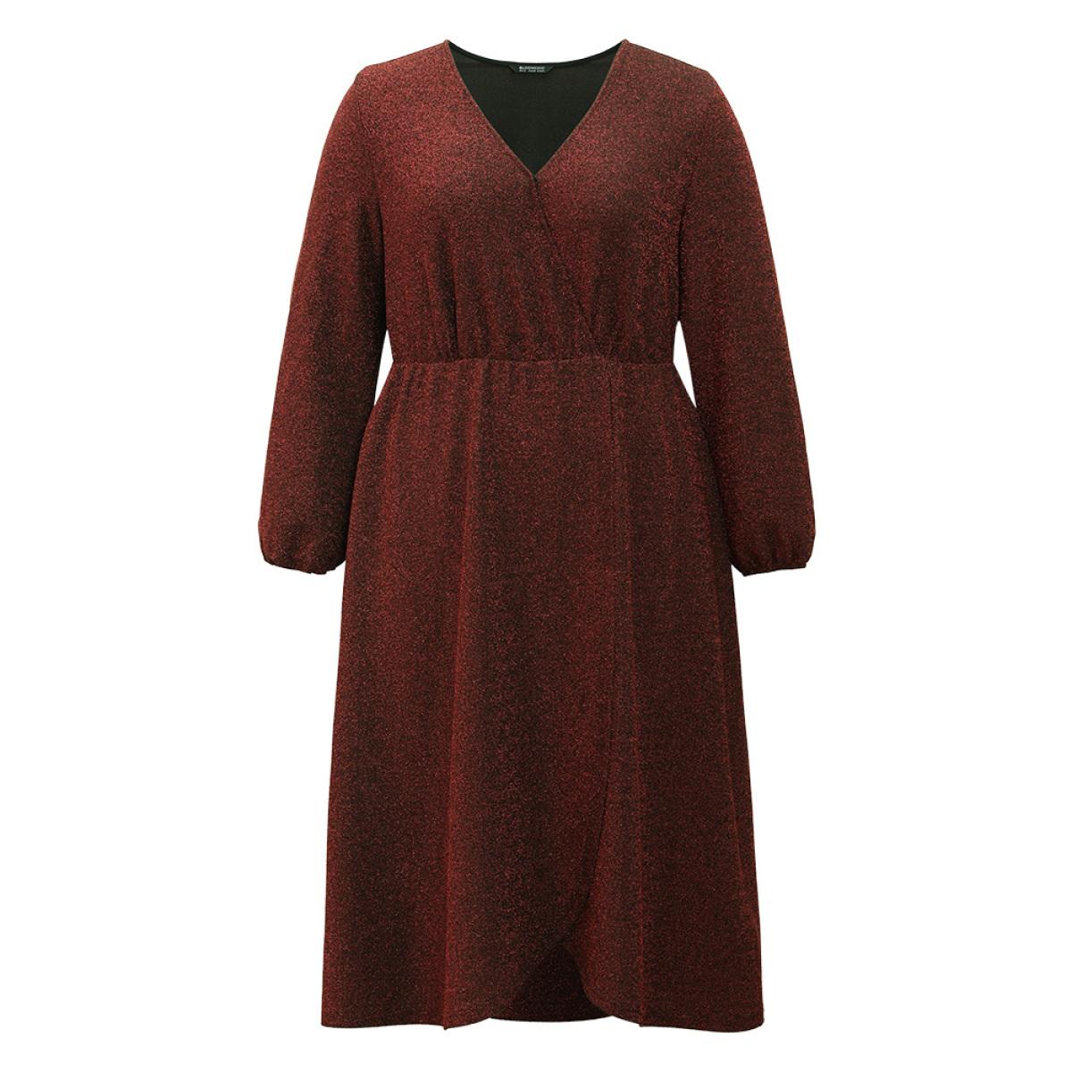 Plus Size Luxe Overlap Collar Gathered Split Hem Dress Scarlet Women Glamour Elastic cuffs Overlap Collar Long Sleeve Curvy Midi Dress BloomChic 28/5X Product Image
