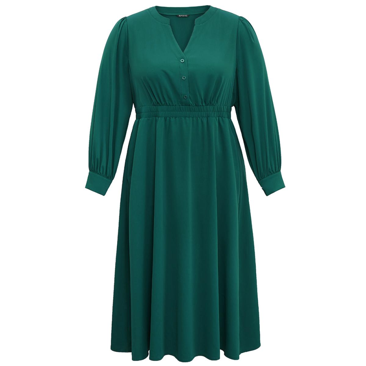Plus Size Anti-Wrinkle Shirred Gathered Notched Dress Teal Women Office Plain Notched collar Long Sleeve Curvy Midi Dress BloomChic 14-16/1X Product Image