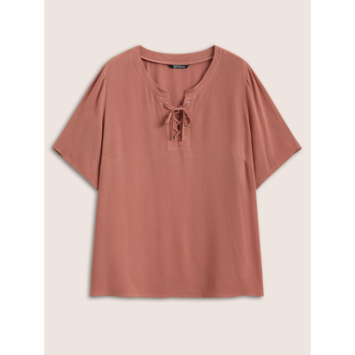 Plus Size Rouge Rayon Plain Lace Up Blouse Women Casual Short sleeve Round Neck Everyday Blouses BloomChic 10/M Product Image