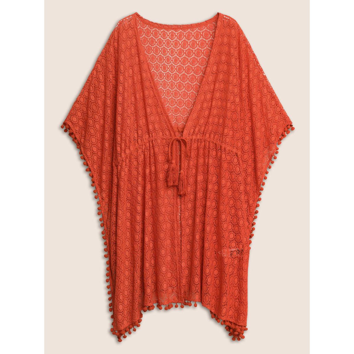 Plus Size Solid Texture Tassels Drawstring Pompom Trim Cover Up Women OrangeRed Resort Texture Vacation Kimonos BloomChic 14-16/1X Product Image