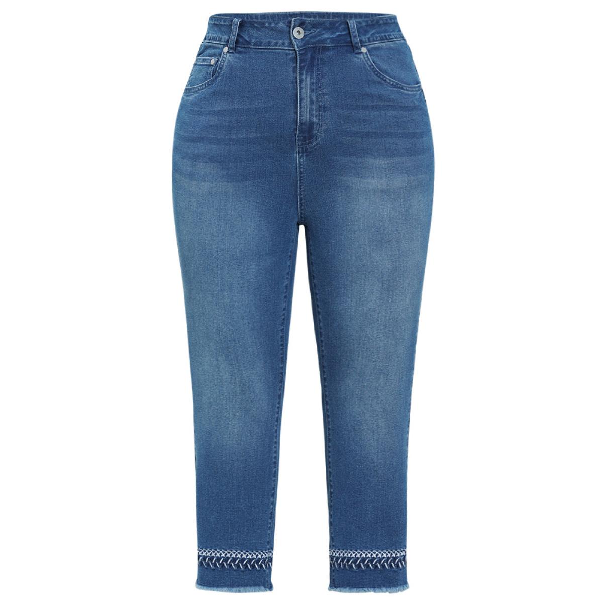 Plus Size Very Stretchy Medium Wash Embroidered Raw Hem Jeans Women Blue Elegant Plain Embroidered High stretch Pocket Jeans BloomChic 12/L Product Image