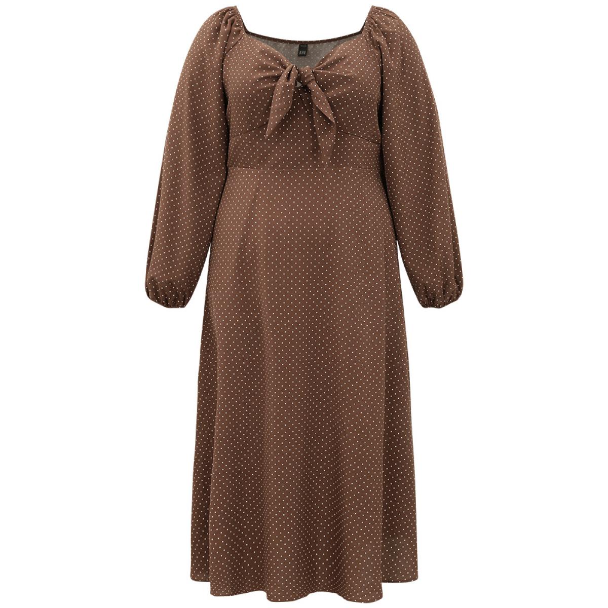 Plus Size Polka Dot Knot Neck Lantern Sleeve Dress DarkBrown Women Elegant Elastic cuffs Tie Neck Long Sleeve Curvy Midi Dress BloomChic 22-24/3X Product Image