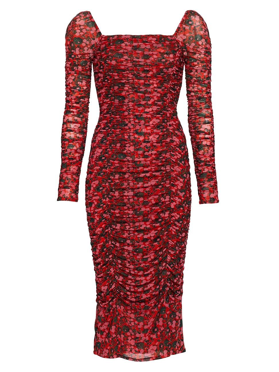 Womens Simona Floral Mesh Ruched Midi-Dress Product Image