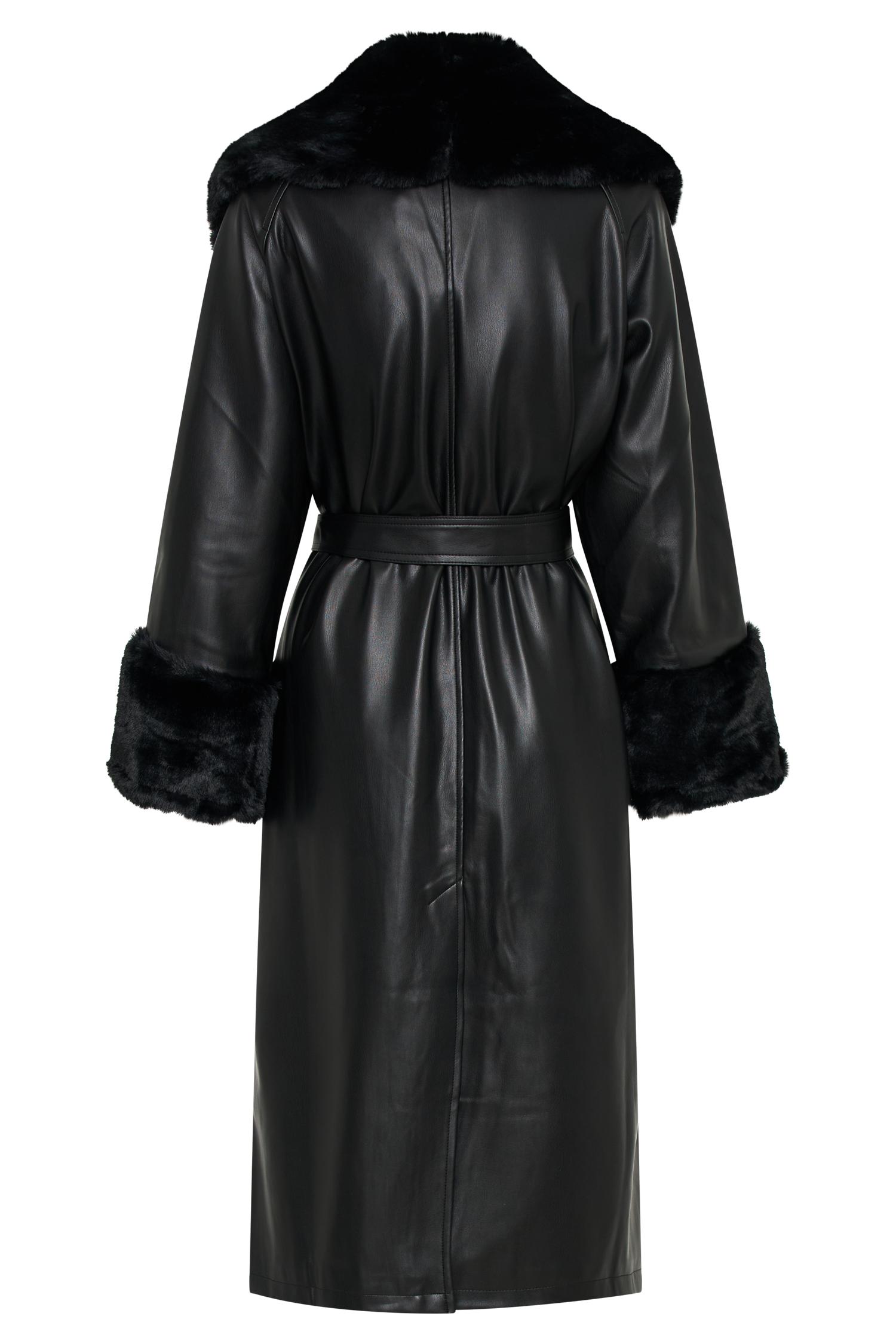 Rebekah Oversized Pu Trench Coat With Fur Trim - Black Product Image