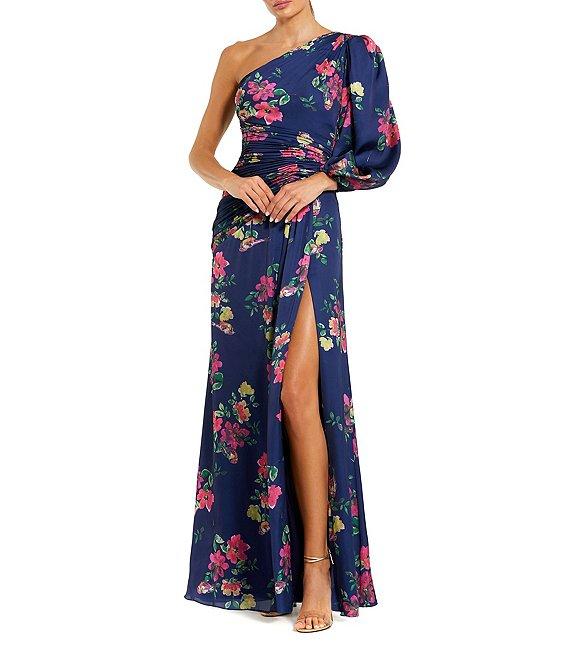 Mac Duggal Floral One Shoulder One Long Sleeve High Front Slit Gown Product Image