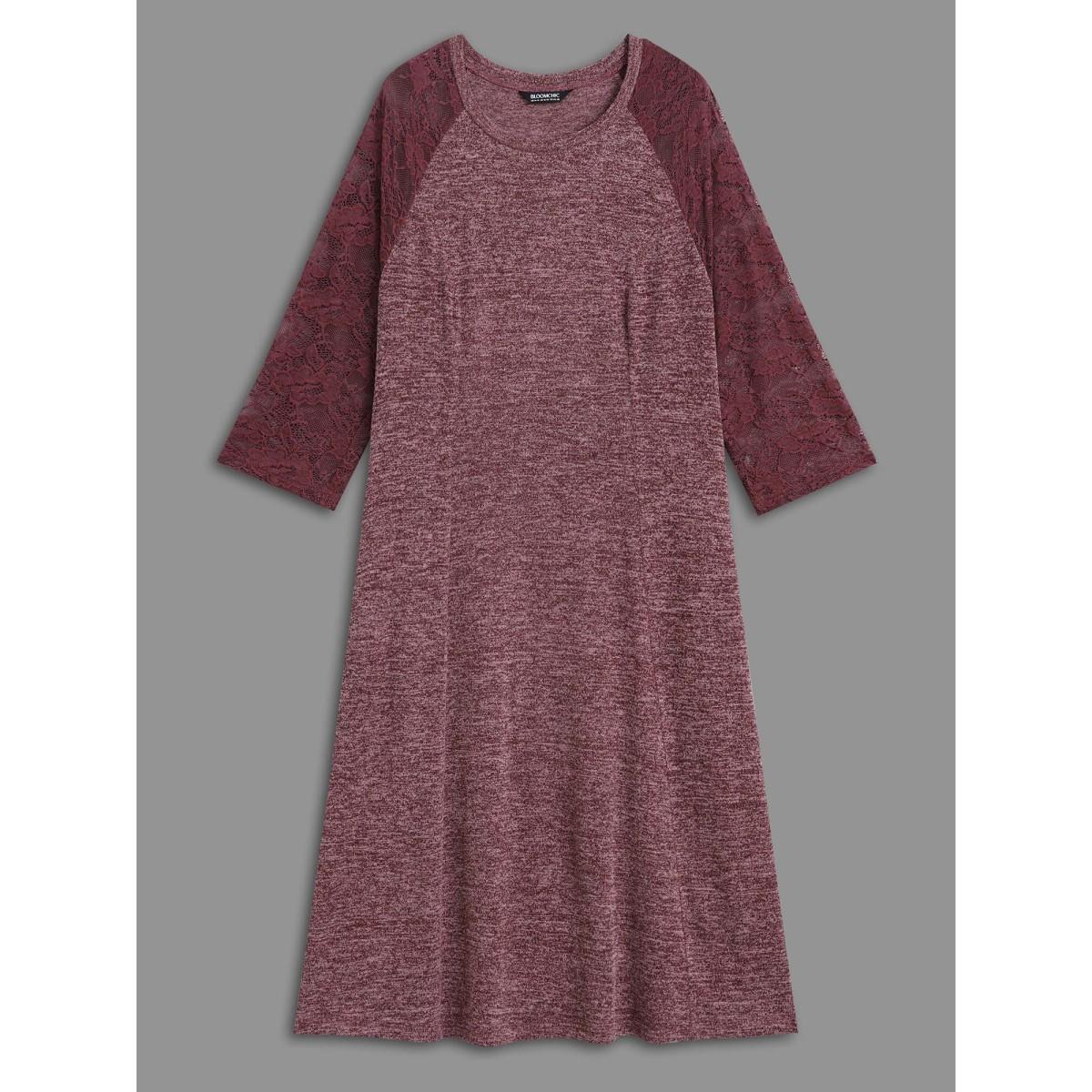 Plus Size Heather Lace Patchwork Mesh Midi Dress Burgundy Women Elegant Woven ribbon&lace trim Round Neck Elbow-length sleeve Curvy BloomChic 18-20/2X Product Image