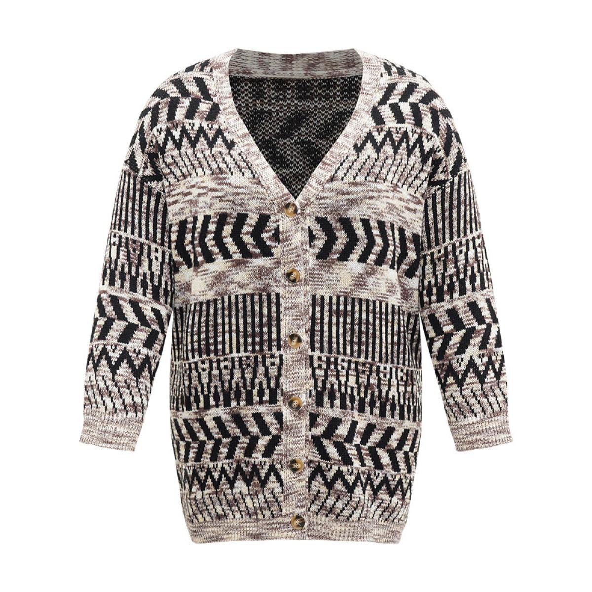 Plus Size Geometric Heather Button Up Elastic Cuffs Cardigan DarkBrown Women Casual Loose Long Sleeve Dailywear Cardigans BloomChic 22-24/3X Product Image