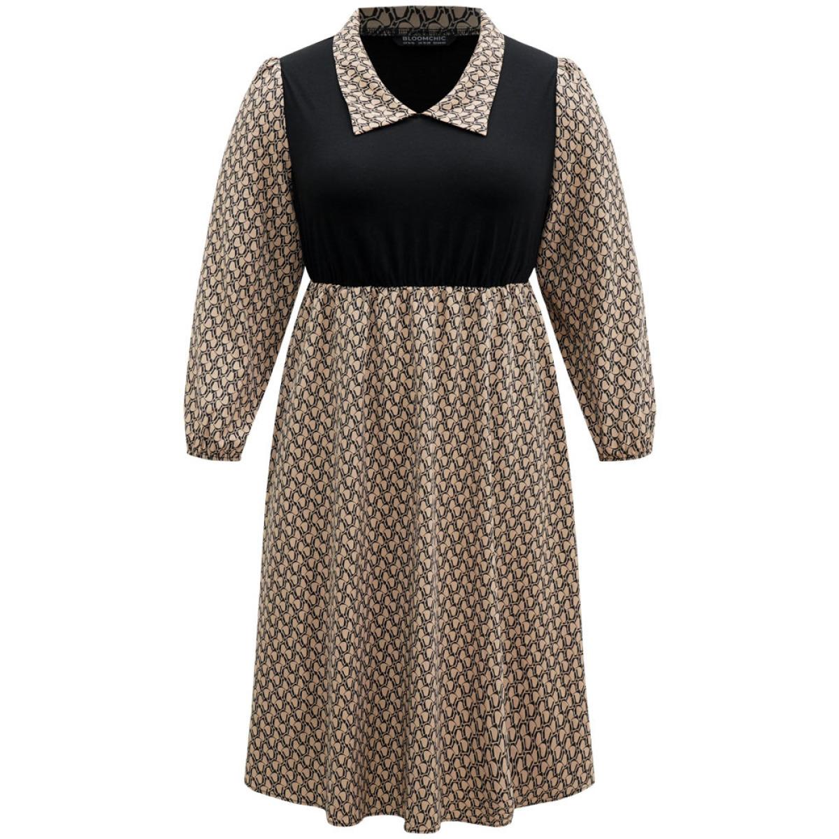 Plus Size Geometric Patchwork Lapel Collar Lantern Sleeve Dress Tan Women Office Elastic cuffs Lapel Collar Long Sleeve Curvy Midi Dress BloomChic 28/5X Product Image