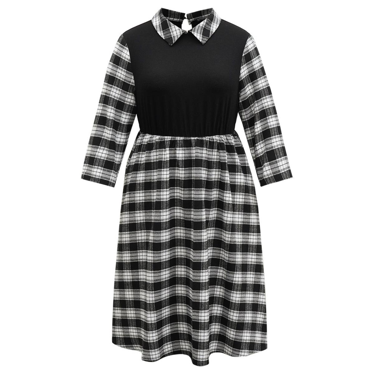 Plus Size Plaid Patchwork Elastic Waist Lapel Collar Dress Black Women Casual Printed Lapel Collar Elbow-length sleeve Curvy Midi Dress BloomChic 18-20/2X Product Image