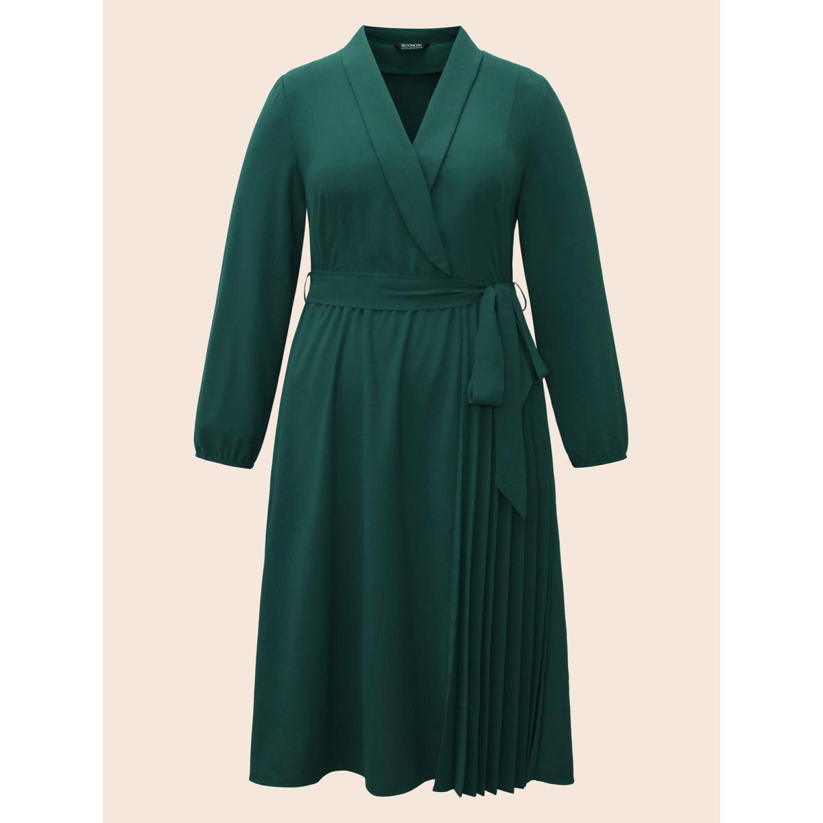 Plus Size Suit Collar Pleated Belted Midi Dress DarkGreen Women At the Office Belted Suit Collar Long Sleeve Curvy BloomChic 12/L Product Image