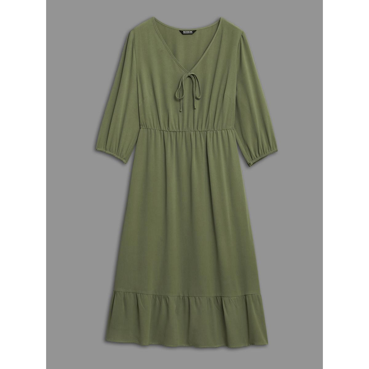 Plus Size Lantern Sleeve V-Neck Tiered Midi Dress Sage Women Elegant Tie knot V-neck Elbow-length sleeve Curvy BloomChic 22-24/3X Product Image