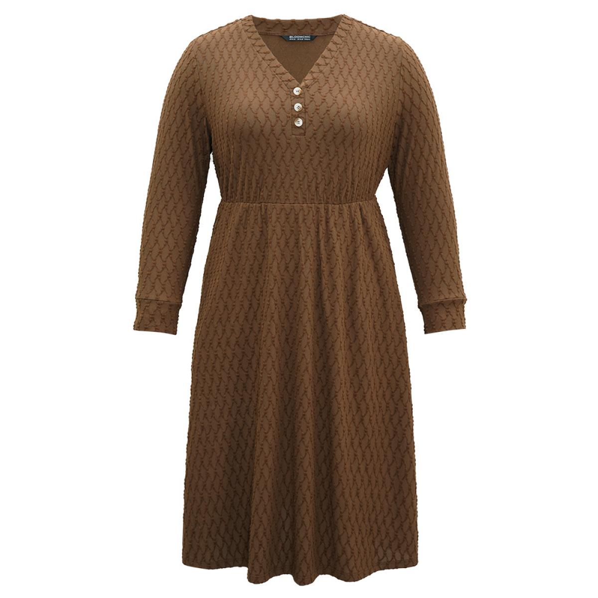 Plus Size Plain Texture Jacquard Button Detail Pocket Dress Chocolate Women Casual Texture V-neck Long Sleeve Curvy Midi Dress BloomChic 26/4X Product Image