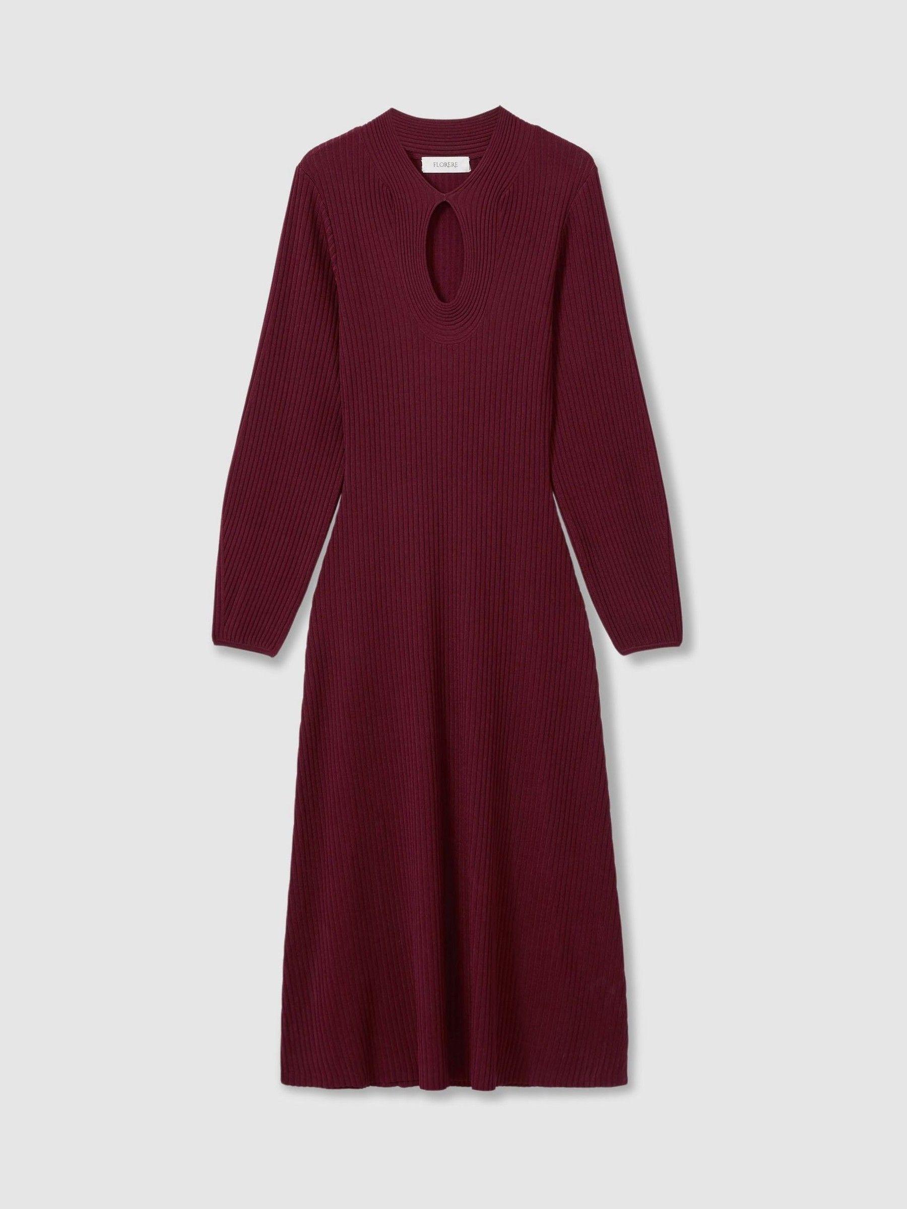 Florere Ribbed Blouson Sleeve Midi Dress in Burgundy Product Image