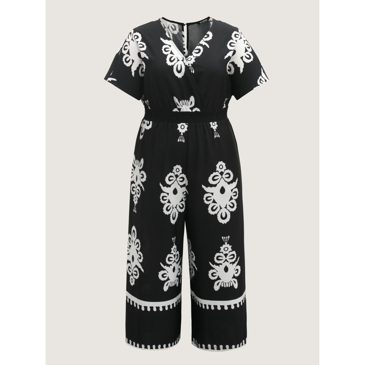 Plus Size Black Boho Print Shirred Waist Surplice Jumpsuit Women Boho Short sleeve V-neck Vacation Loose Jumpsuits BloomChic 30/6X Product Image