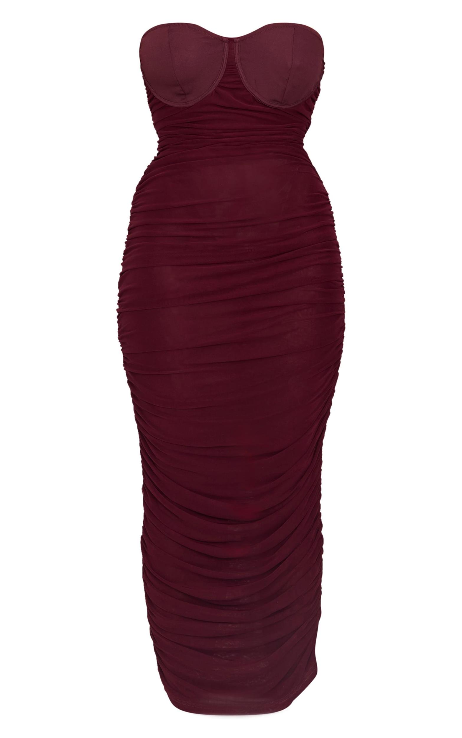 Plus Burgundy Mesh Ruched Cup Detail Maxi Dress Product Image