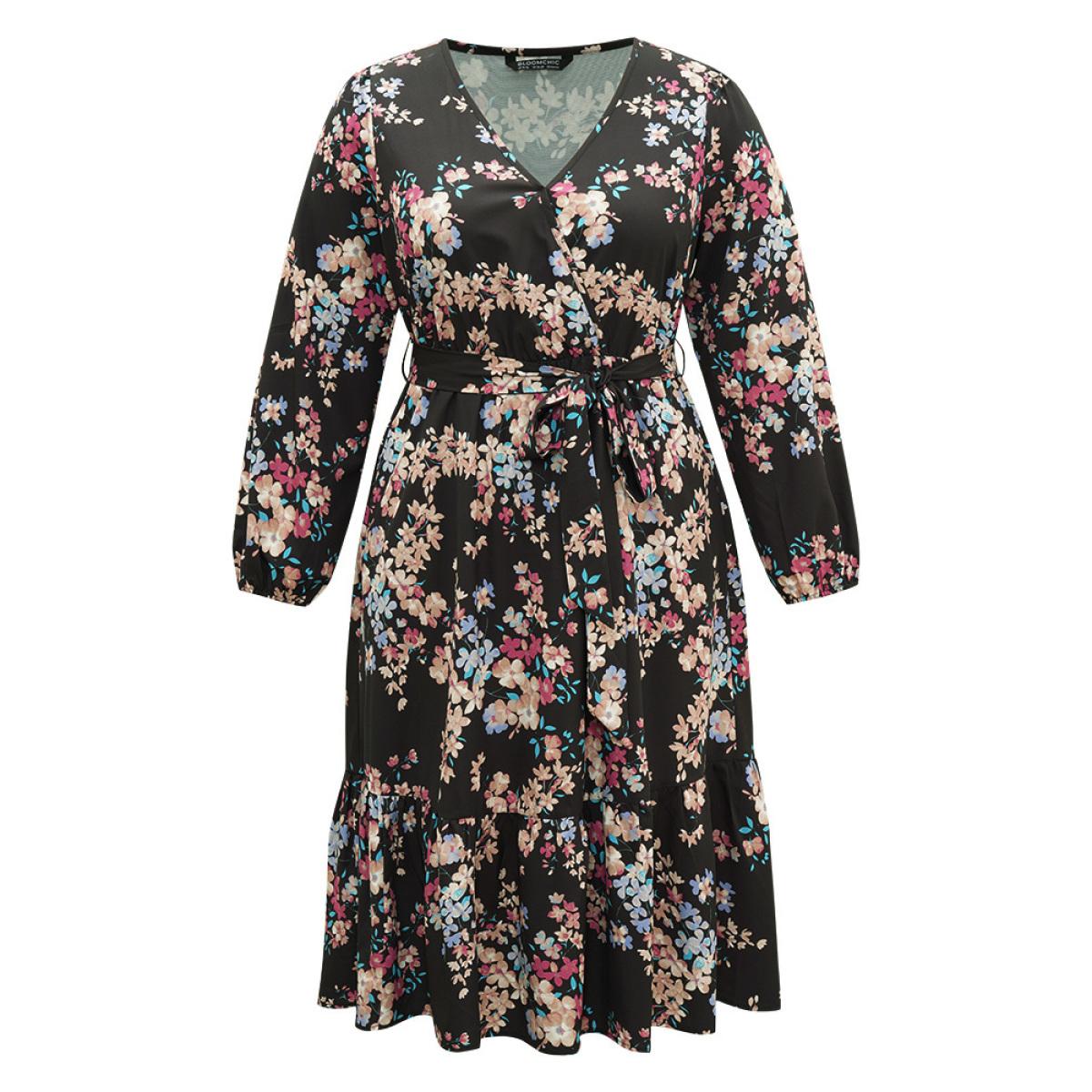 Plus Size Floral Print Overlap Collar Elastic Cuffs Dress Black Women Elegant Elastic cuffs Overlap Collar Long Sleeve Curvy Midi Dress BloomChic 12/L Product Image