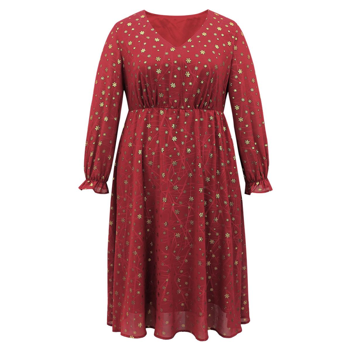 Plus Size Snowflake Glitter Mesh Gathered Ruffles Dress Scarlet Women Party See through V-neck Long Sleeve Curvy Midi Dress BloomChic 14-16/1X Product Image