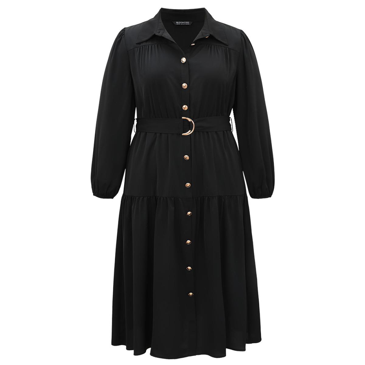 Plus Size Anti-Wrinkle Shirt Collar Belted Metal Detail Dress Black Women Office Plain Shirt collar Long Sleeve Curvy Midi Dress BloomChic 12/L Product Image
