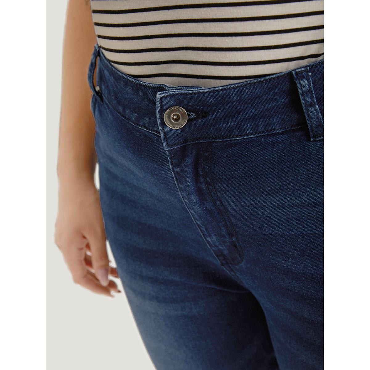 Plus Size Solid Frayed Roll Hem High Rise Jeans Women Blue Casual Plain Plain High stretch Pocket Jeans BloomChic 14/1X Product Image