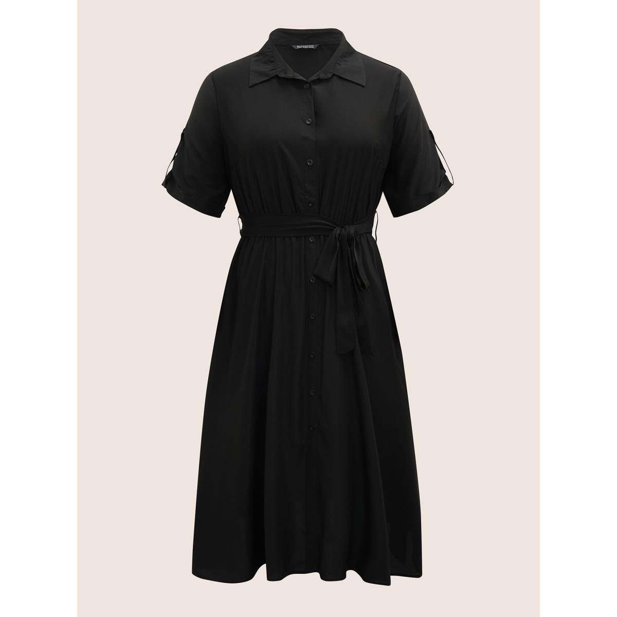 Plus Size Shirt Collar Tab Sleeve Split Hem Dress Black Women Office Belted Shirt collar Half Sleeve Curvy BloomChic 28/5X Product Image