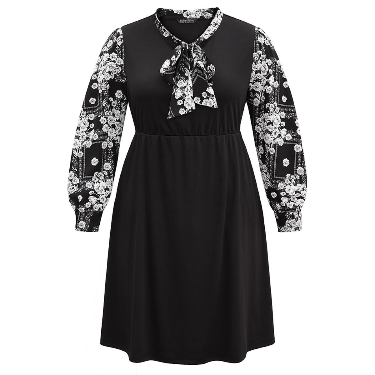 Plus Size Geo Graphic Knot Neck Patchwork Elastic Waist Dress Black Women Office Gathered Tie Neck Long Sleeve Curvy Midi Dress BloomChic 10/M Product Image