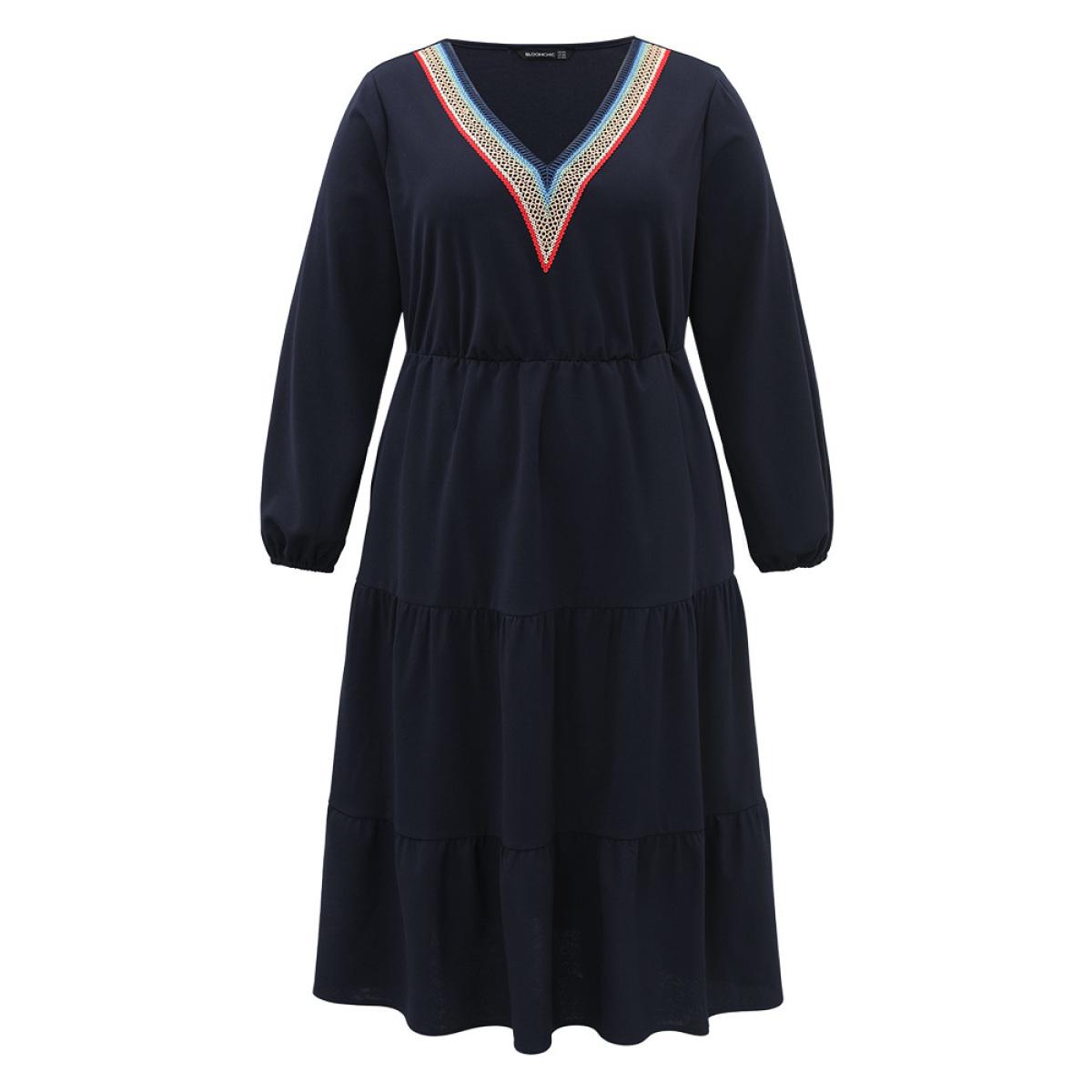 Plus Size Plain Contrast Webbing Elastic Waist Dress Midnight Women Casual Elastic cuffs V-neck Long Sleeve Curvy Midi Dress BloomChic 18-20/2X Product Image