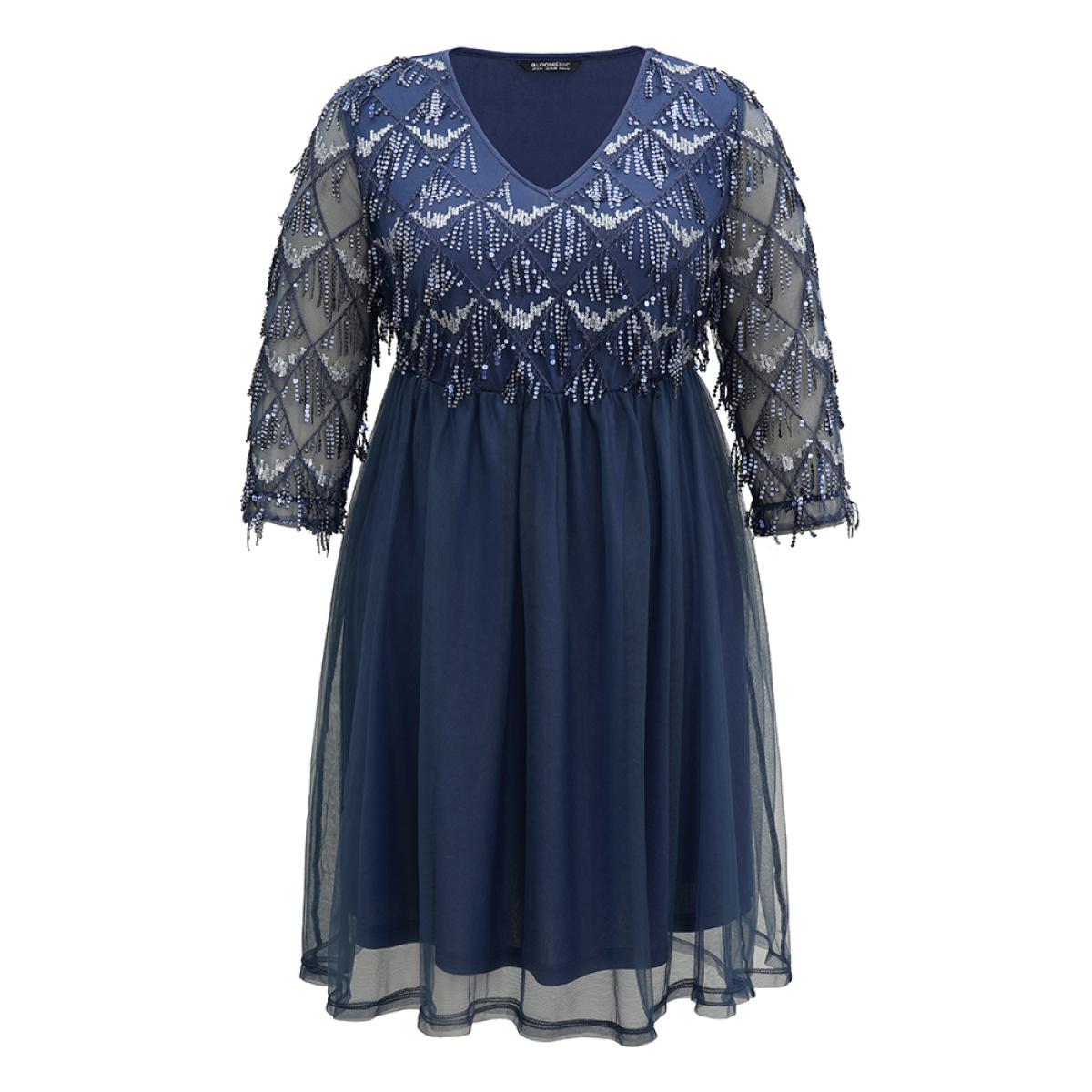Plus Size Sequin Tassels Plisse Patchwork Mesh Knee Dress DarkBlue Women Cocktail Sequin V-neck Elbow-length sleeve Curvy Midi Dress BloomChic 12/L Product Image