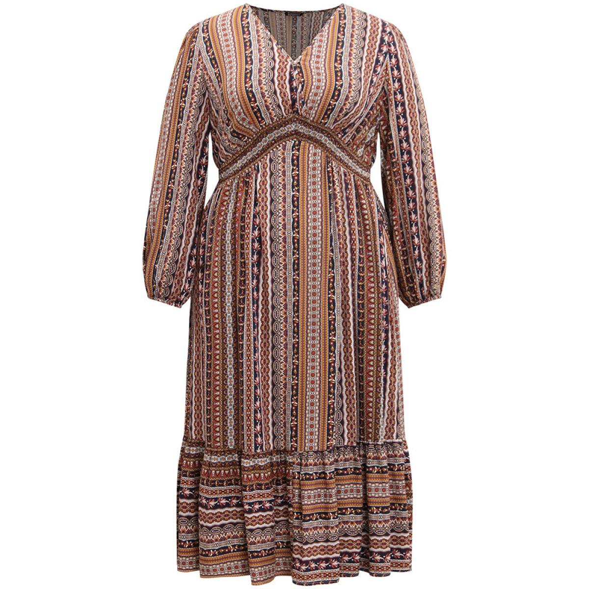 Plus Size Bandana Striped Lantern Sleeve Patchwork Dress DarkBlue Women Vacation Elastic cuffs V-neck Long Sleeve Curvy Midi Dress BloomChic 30/6X Product Image