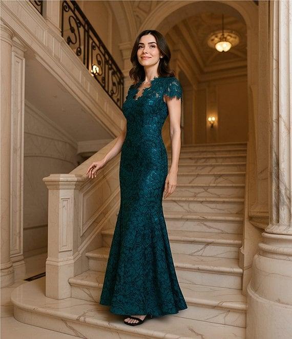 Eliza J Illusion Lace Neck Cap Sleeve V-Neck Mermaid Gown Product Image