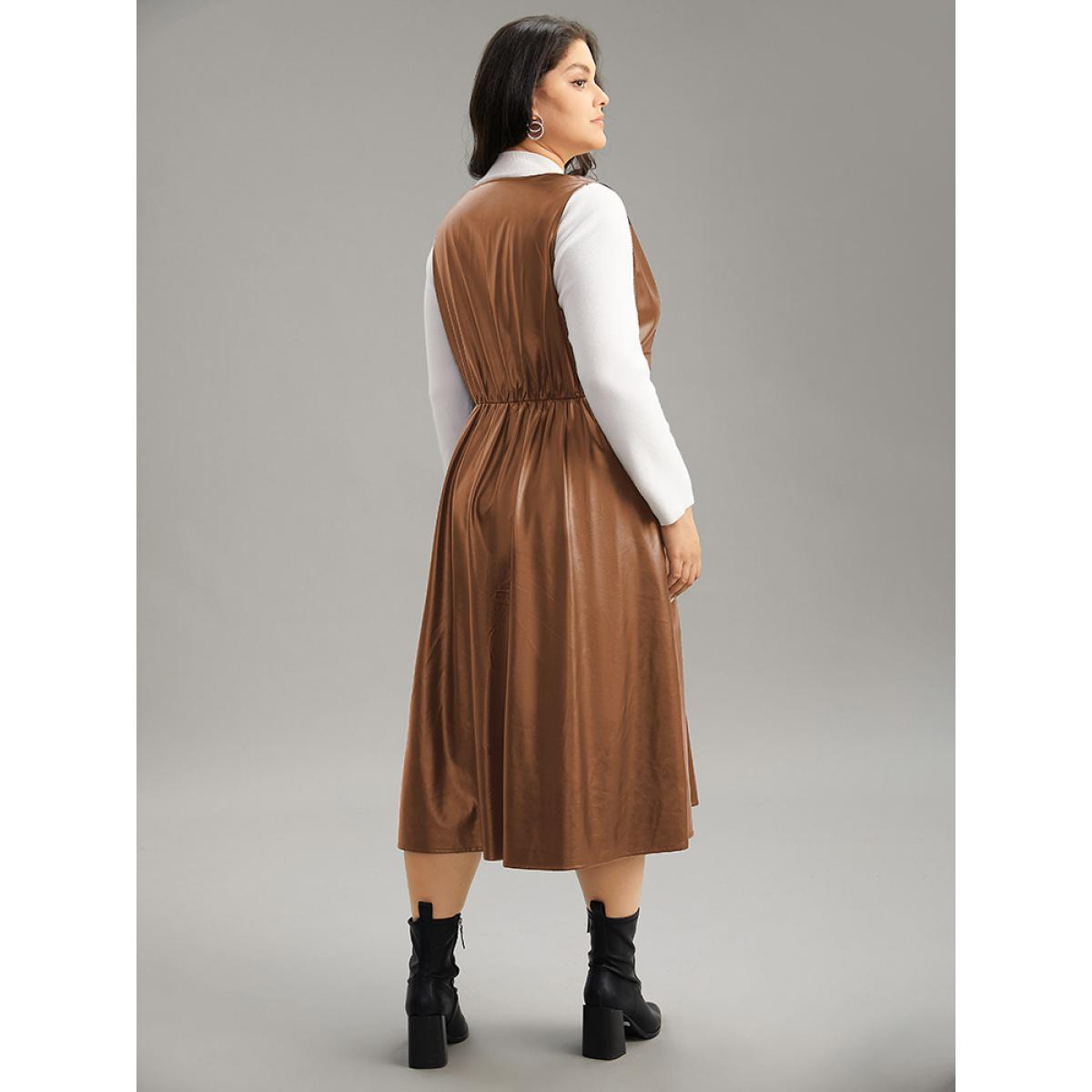 Plus Size PU Leather Sleeveless Button Detail Dress Chocolate Women Office Plain V-neck Sleeveless Curvy Midi Dress BloomChic 10/M Product Image