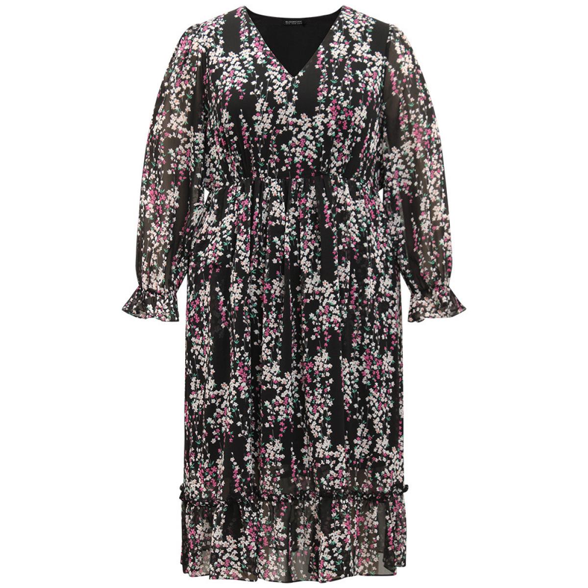Plus Size Ditsy Floral Chiffon Patchwork Frill Trim Dress Black Women Elegant See through V-neck Long Sleeve Curvy Midi Dress BloomChic 14-16/1X Product Image