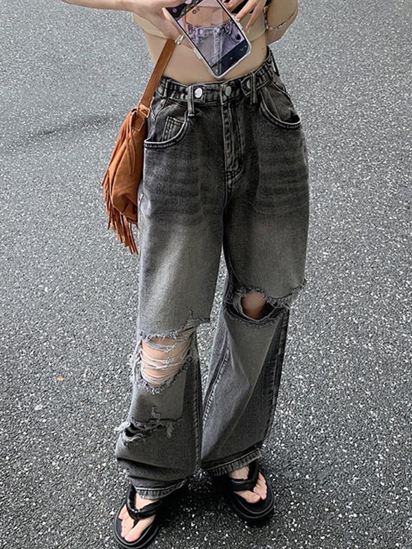 Vintage Wash Distressed Ripped Jeans Product Image