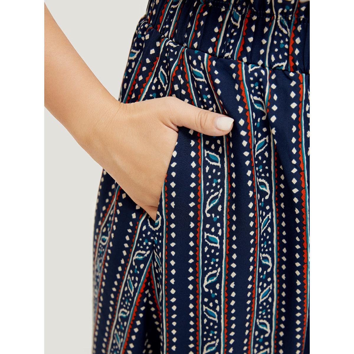 Plus Size Striped Print Pocket Paperbag Waist Skirt Women Indigo Vacation No stretch Pocket Dailywear Skirts BloomChic 18-20/2X Product Image