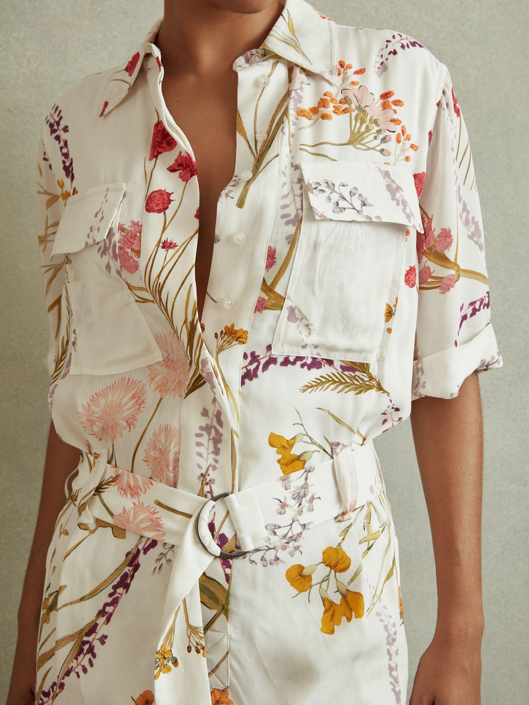 Floral Print Belted Midi Dress in Ivory/Orange Product Image